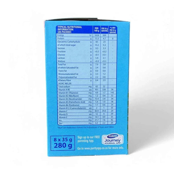 Packaging of Purity Instant Oats Strawberry & Vanilla with nutritional information, 8 x 35g sachets.