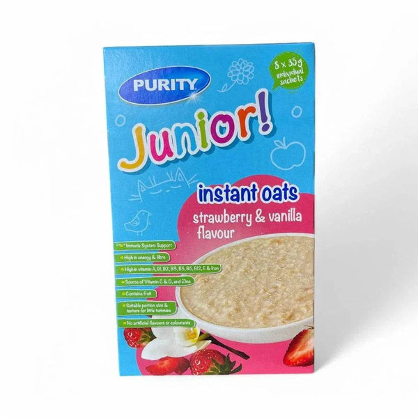Purity Instant Oats Strawberry & Vanilla for kids, 8 sachets, nutritious breakfast.