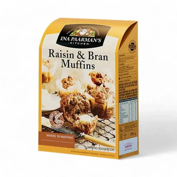Ina Paarman's Raisin & Bran Muffin Mix 700g box with raisins and bran ingredients