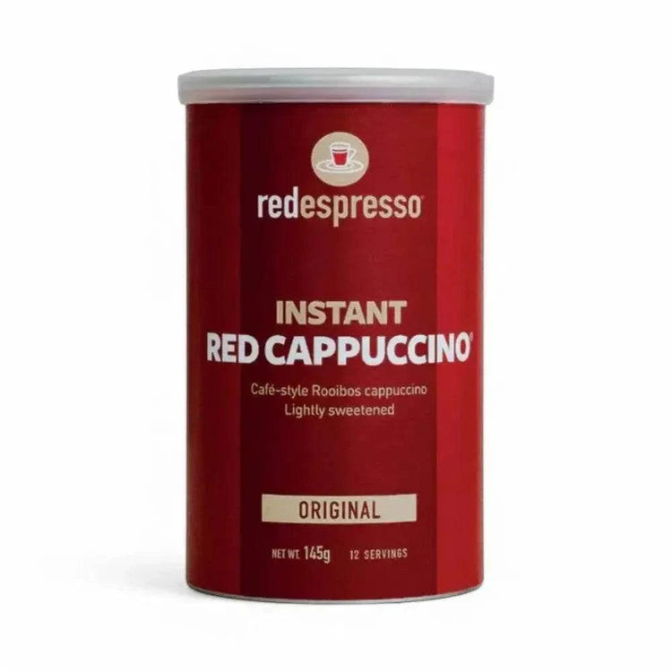 Red Espresso 145g tin of ground Rooibos tea for café-style beverages.