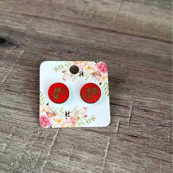 Red stud earrings with engraved owl design, 15mm diameter, sold in pairs