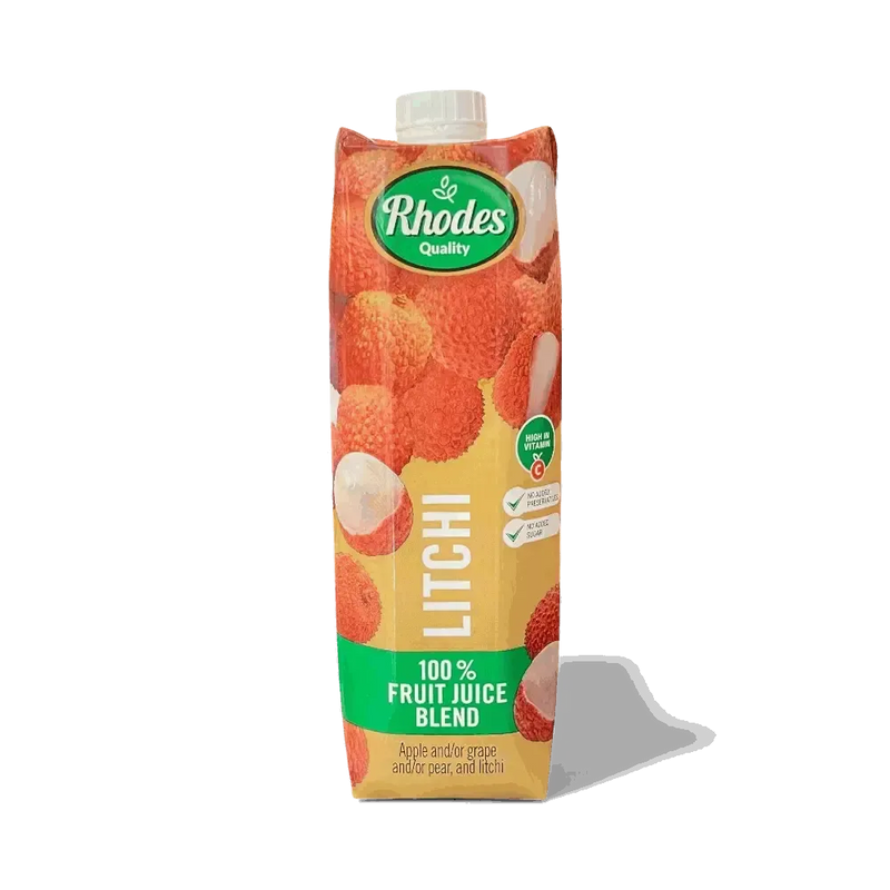 Rhodes 100% Fruit Juice litchi blend carton with lychee images and green label
