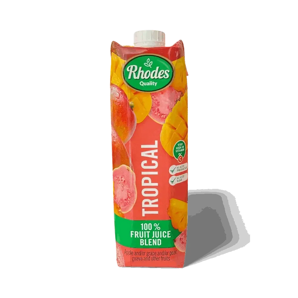 Rhodes 100% Fruit Juice Tropical 1 Litre carton with no added sugar, high Vitamin C, blended apple, pear, guava, mango, pineapple, grape juices