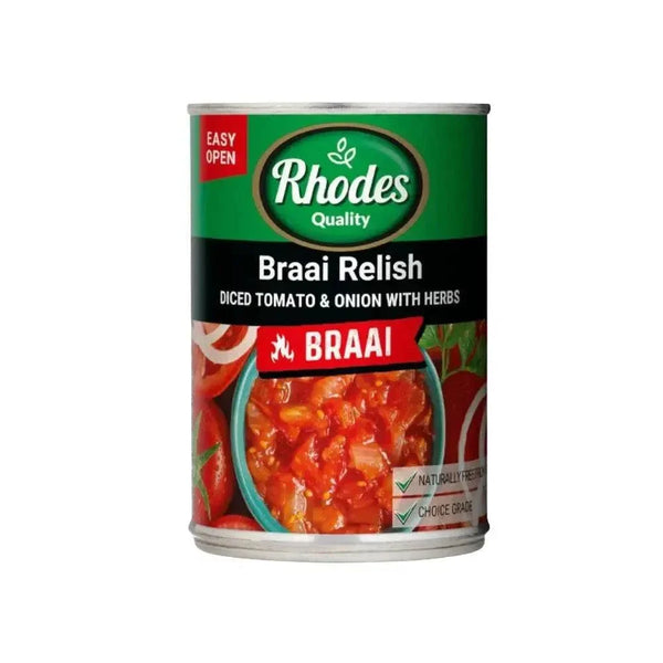 Rhodes Tomato Braai Relish 400g jar with tomatoes and spices for BBQ and burgers