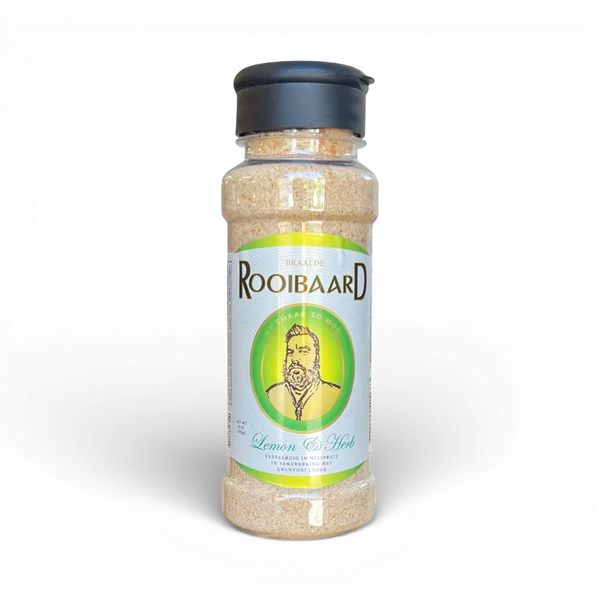 Rooibaard Lemon & Herb Spice 170g bottle with lemon zest and herbs for grilling and roasting