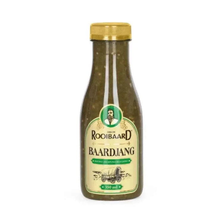 Rooibaard Sauce Baardjang Matige Jalapeno 350ml bottle with mild jalapeno flavor, perfect for grilling and marinating.