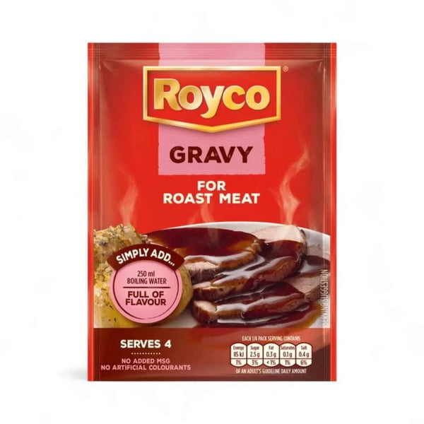 Royco Cook-in-Sauce Roast Meat 32g packet for flavorful roast meat gravy, serves 4, easy preparation with boiling water.
