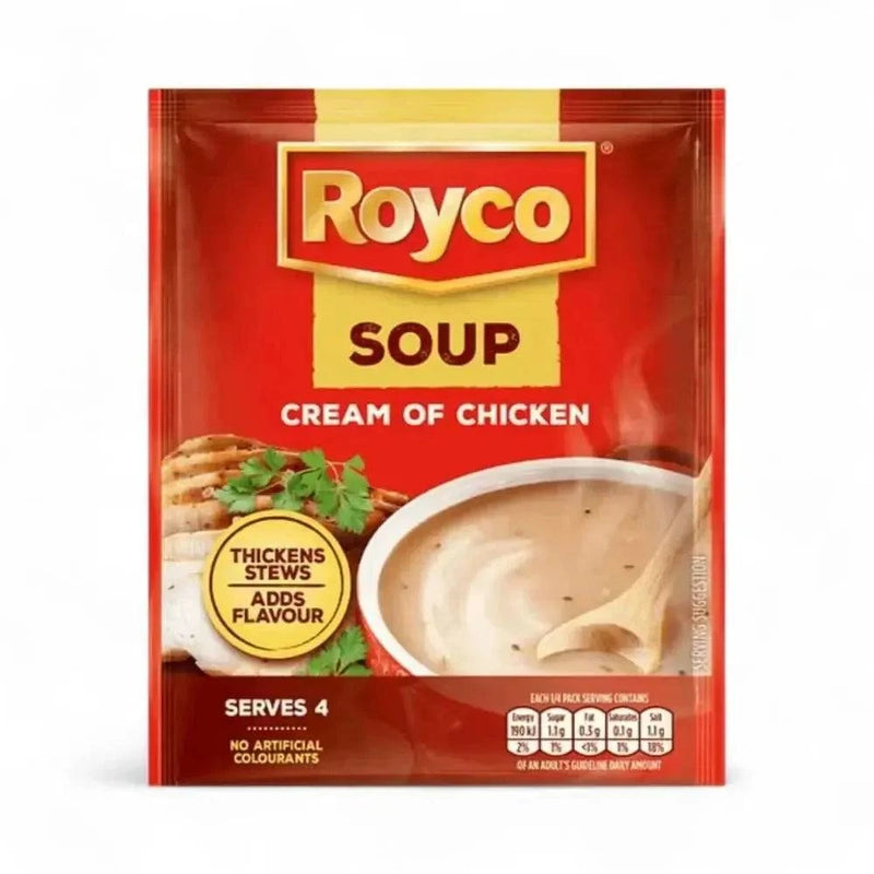 Royco Cream of Chicken Soup 50g packet with creamy chicken soup and serving suggestion