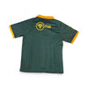 Dark green rugby supporter jersey with yellow collar and sleeve trim featuring FNB logo on the back, size X Large