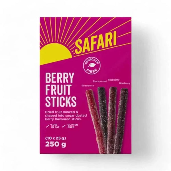 Safari Berry Fruit Sticks 10-pack with mixed berry flavors and sugar dusted dried fruit sticks