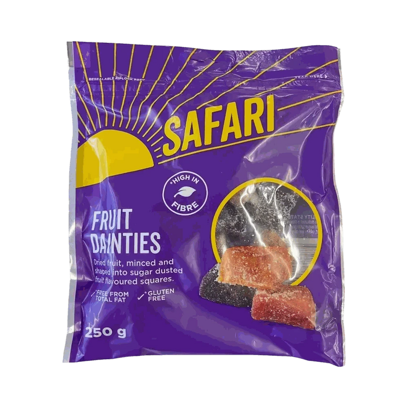 Safari Fruit Dainties 250g pack of gluten-free dried fruit sugar-coated squares with mixed flavors