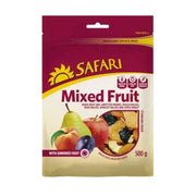 Safari Mixed Fruit 500g pack with mixed dried fruits including raisins, cranberries, papaya, and banana chips.