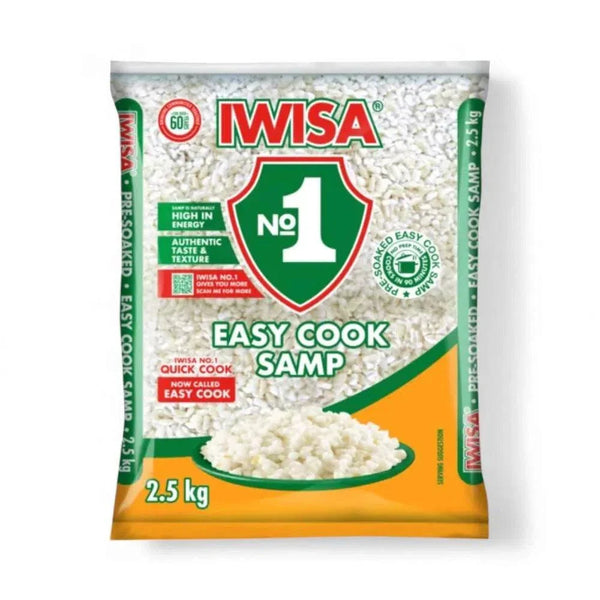 Iwisa Easy Cook Samp 2.5kg package, quick-cooking dried corn kernels, nutritious rice alternative.