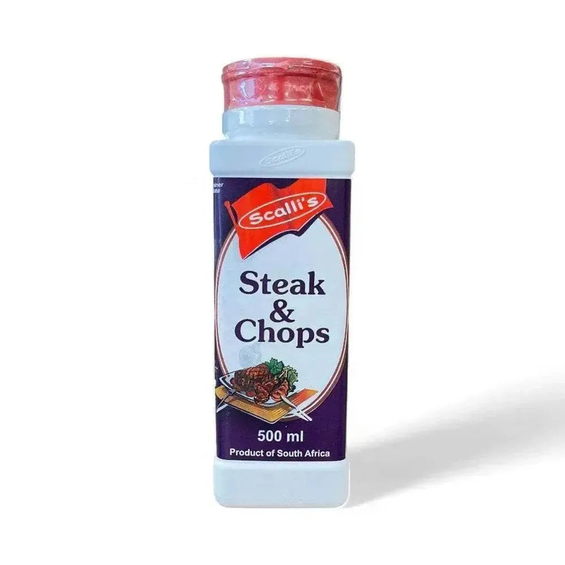 Scalli's Seasoning Steak & Chop 500ml bottle for enhancing grilled meats with rich flavor.
