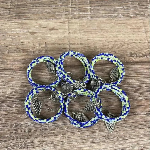Set of 6 serviette rings with blue, green, and white small beads made with love