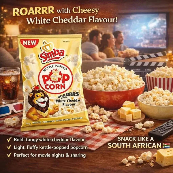 Simba Popcorn White Cheddar 90g bag of kettle-popped popcorn coated with bold white cheddar flavor