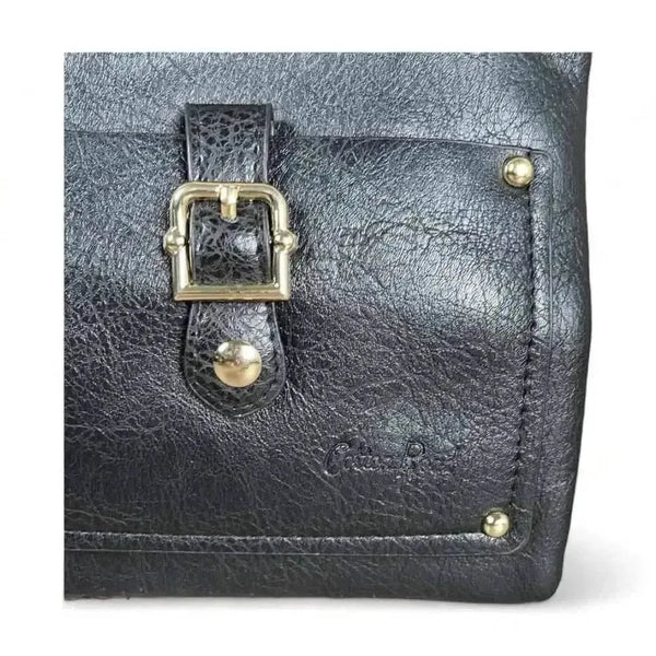 Black PU leather sling bag with adjustable strap and multiple zip compartments