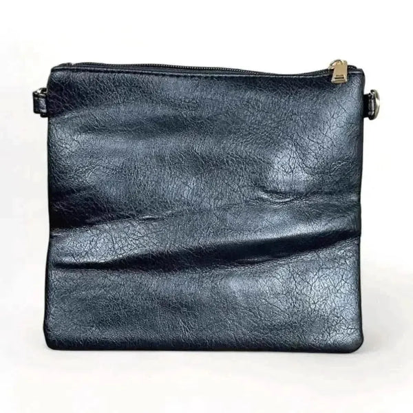 Black PU leather sling bag with adjustable strap and multiple zip compartments