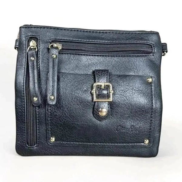 Black PU leather sling bag with adjustable strap and multiple zip compartments