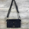 Navy PU leather sling bag with adjustable strap and multiple zip compartments