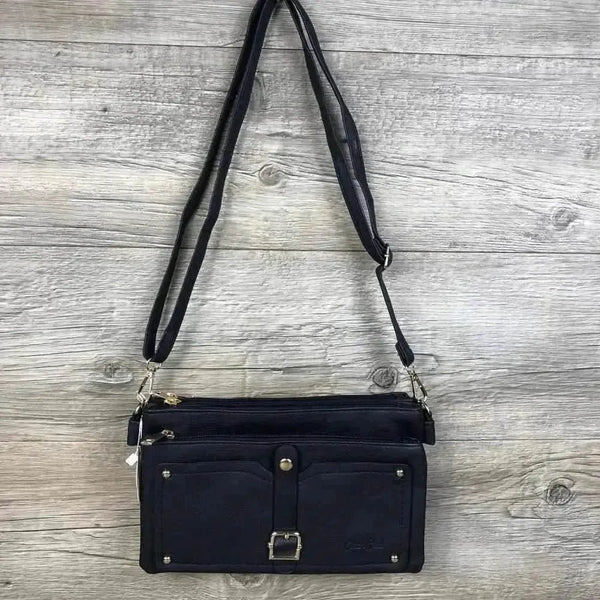 Navy PU leather sling bag with adjustable strap and multiple zip compartments