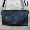 Navy PU leather sling bag with adjustable strap and multiple zip compartments