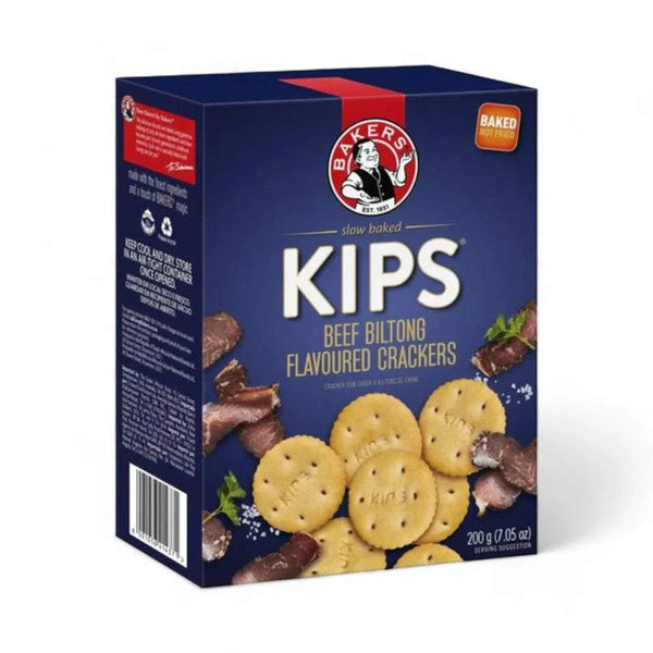 Bakers Pyotts Kips Biltong Flavoured Crackers - 200g packaging with crackers and beef biltong images.