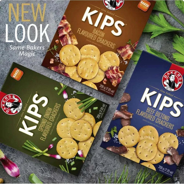 Bakers Pyotts Kips Beef Biltong Flavoured Crackers - 200g package with crackers and beef biltong imagery.