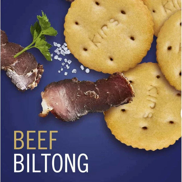 Bakers Pyotts Kips Biltong Flavoured Crackers - 200g packaging with crackers and beef biltong slices on a blue background.
