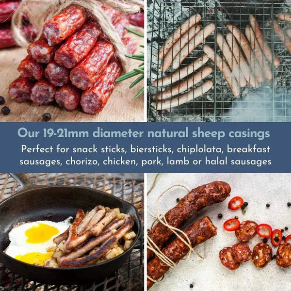 Natural sheep casings 19-21mm perfect for homemade sausages, snack sticks, and meat sticks.