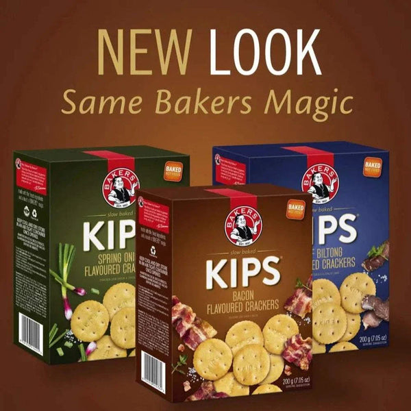 Bakers Pyotts Kips Biltong Flavoured Crackers, 200g packaging, highlighting new design with same Bakers quality.