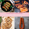 Natural hog casings 32-35mm, ideal for making Boerewors sausages, shown with fresh and cooked sausages on grill and pan.