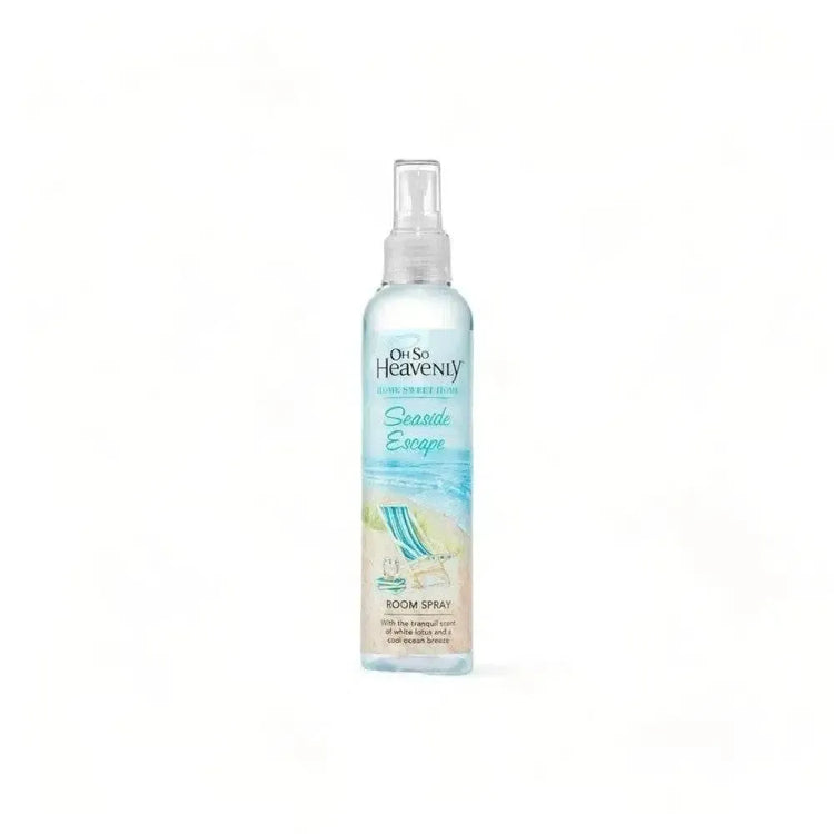 Oh So Heavenly Home Sweet Home Seaside Escape room spray bottle on white background