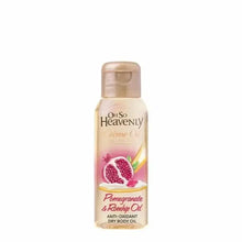 Oh So Heavenly Creme Oil dry body oil bottle with pomegranate and rosehip ingredients on white background