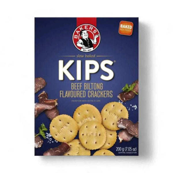 Bakers Pyotts Kips Biltong Flavoured Crackers 200g packaging with crackers and beef biltong pieces.