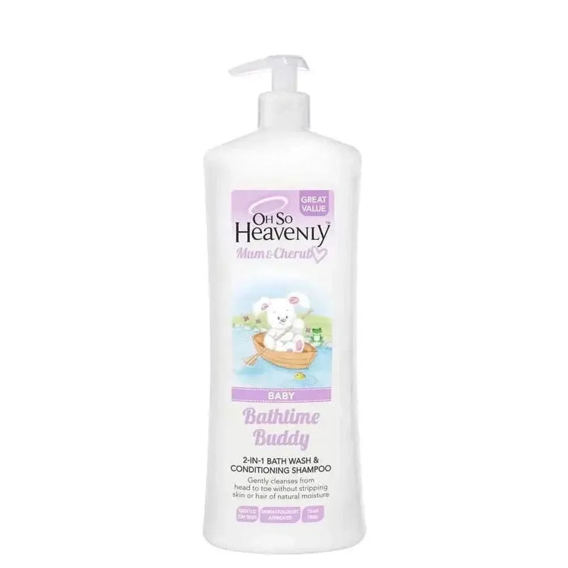 Oh So Heavenly Mum & Cherub Baby 2-in-1 bath wash and shampoo bottle with chamomile extract, vegan and cruelty-free baby skincare product
