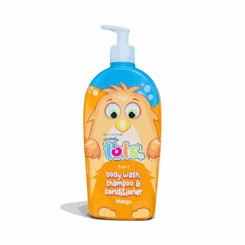 Clicks Made 4 Tots Mango 3-in-1 body wash shampoo and conditioner pump bottle for kids