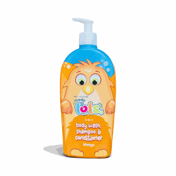 Clicks Made 4 Tots Mango 3-in-1 body wash shampoo and conditioner pump bottle for kids