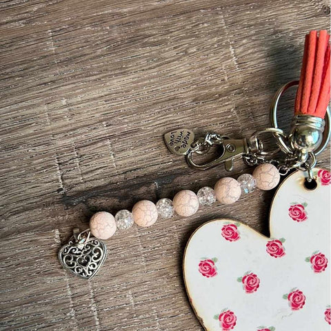 South African Shop - Key Tag - Wooden Heart With Pink Roses- - Something From Home
