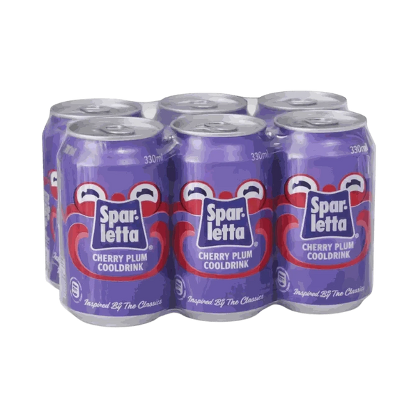 Six-pack of 330ml Sparletta Cherry Plum cans, South African cherry and plum flavored soft drink