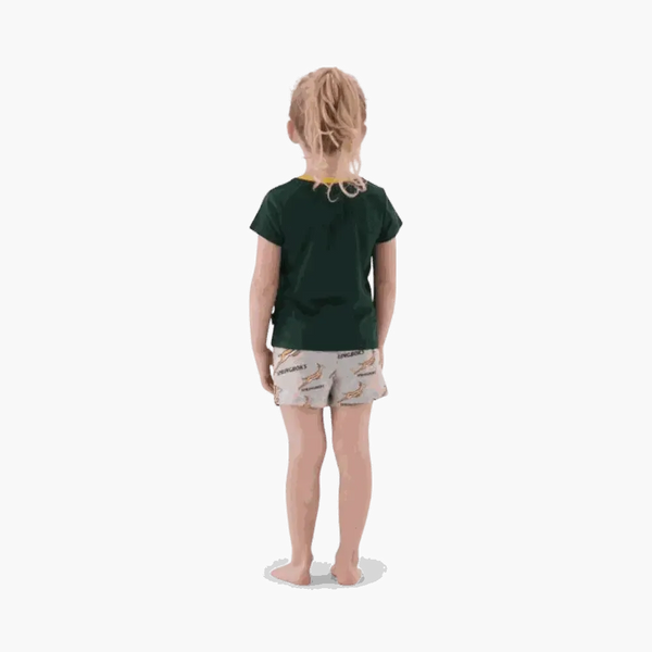 Back view of child wearing Springbok Pajamas kids set with green top and printed shorts