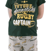 Springbok pajamas kids set with green rugby captain top and white shorts with Springbok logos