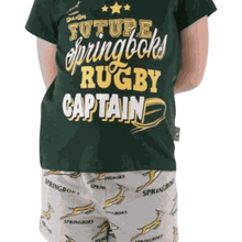 Springbok pajamas kids set with green rugby captain top and white shorts with Springbok logos