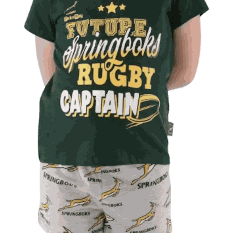 Springbok pajamas kids set with green rugby captain top and white shorts with Springbok logos