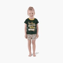 Child wearing Springbok Pajamas Kids set with "Future Springboks Rugby Captain" print and logo shorts