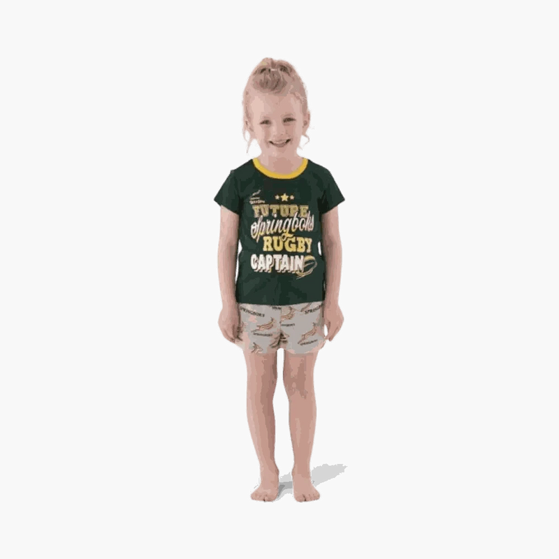Child wearing Springbok Pajamas Kids set with "Future Springboks Rugby Captain" print and logo shorts