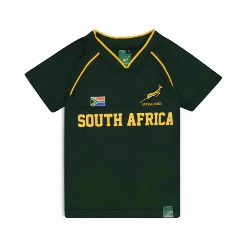 Springbok Official Licensed Supporter T-Shirt in green with South Africa text, Springbok logo, and flag design