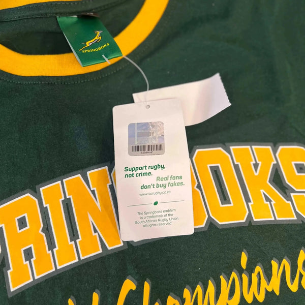 Green Springbok Official Licensed Supporter T-Shirt with yellow and white lettering and official tag visible