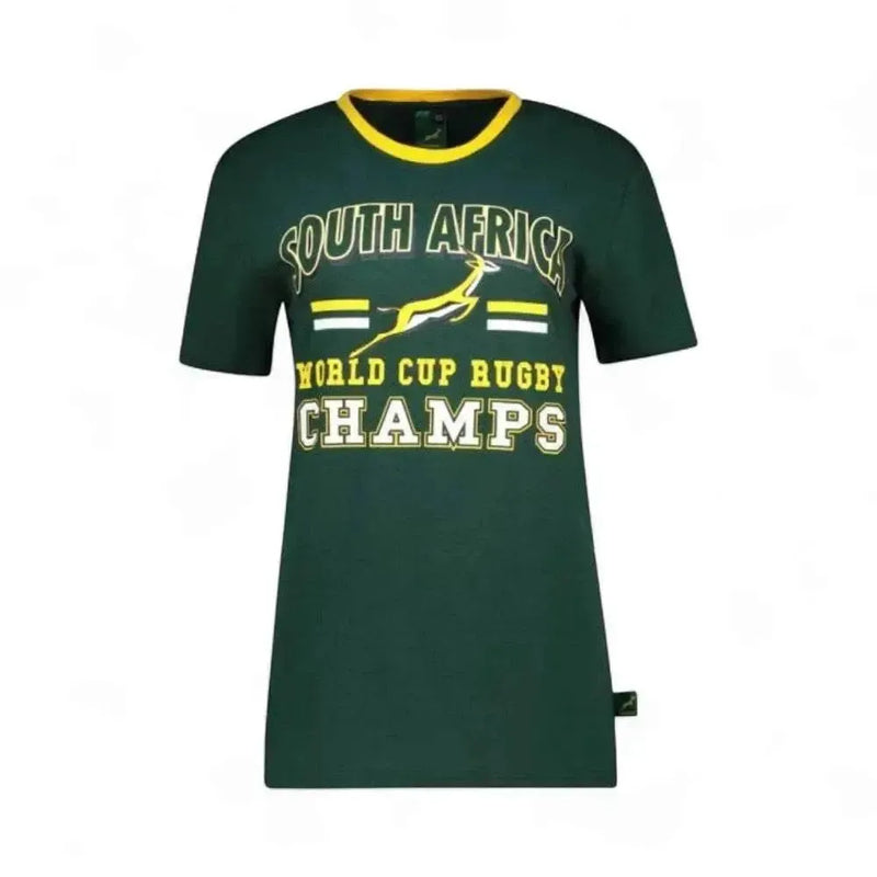 Springbok Official Licensed Supporter T-Shirt in dark green with South Africa and World Cup Rugby Champs text, cotton fabric, 2XL size