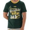 Springbok Pajama Set for men, green short-sleeve crew neck top with "Number 1 Springboks Rugby Dad" print, matching elastic waist shorts with Springbok logo pattern, 100% cotton, 2XL size.